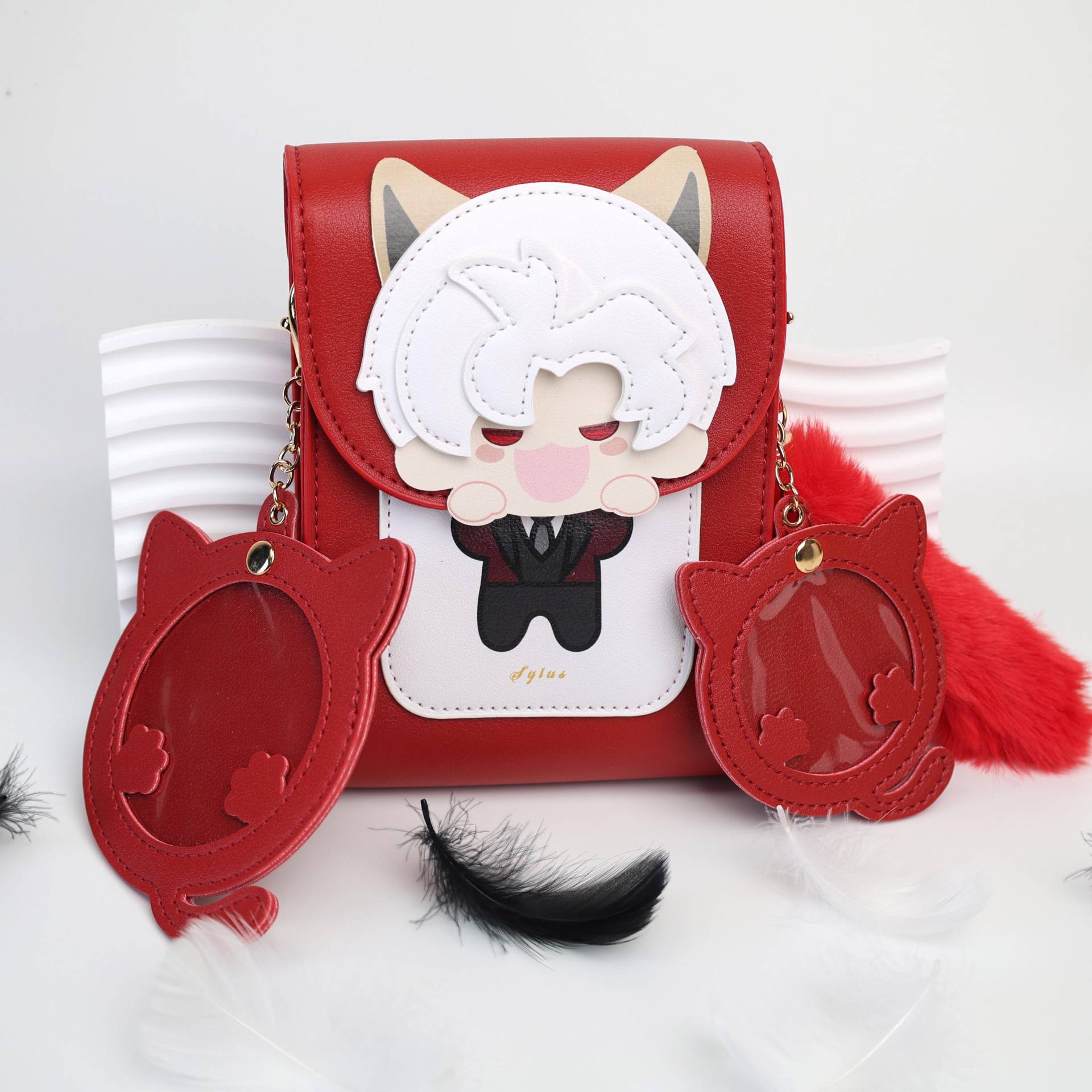 Sylus Red Leather Cross-Body Bag With Cute Fox-Eared Character Fluffy Tail & Cat-Ear Charms.ideal Unique Halloween Or Christmas Gift von LaceHavendesign