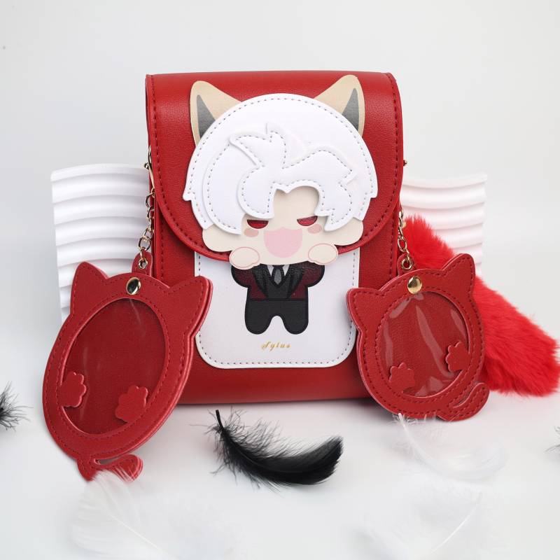 Sylus Red Leather Cross-Body Bag With Cute Fox-Eared Character Fluffy Tail & Cat-Ear Charms.ideal Unique Halloween Or Christmas Gift von LaceHavendesign
