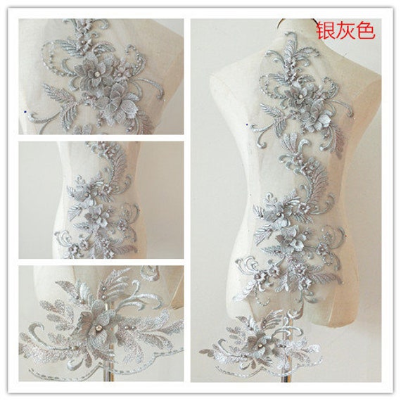 Graue 3D Blumen Applikation, Spitze Applikation Mit Strass, Braut von Lacefabricstore