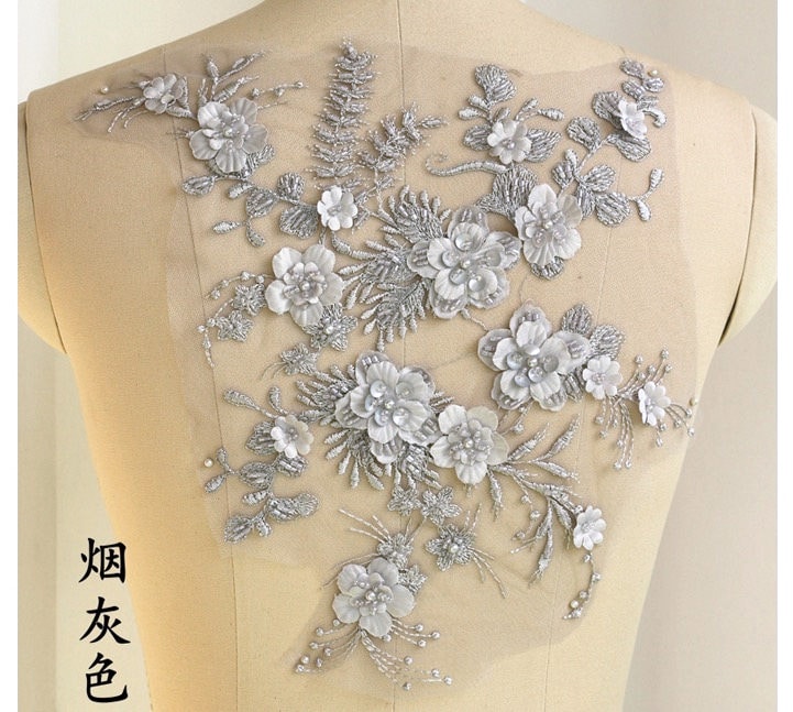 Graue Schwere Perlenspitze Applikation, 3D Spitze Applikation Mit Perlen, Blumen Für Haute Couture, Bestickte von Lacefabricstore