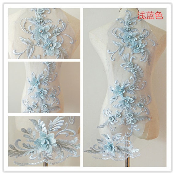 Hellblaue 3D Florale Spitzenapplikation, Schwere Perlenspitzenapplikation, 3D-Spitzenapplikation Mit Strasssteinen, Brautapplikation Hellblaue 3D Florale Spitzenapplikation, Schwere Perlenspitzenapplikation, 3D-Spitzenapplikation Mit Strasssteinen, Brautapplikation von Lacefabricstore