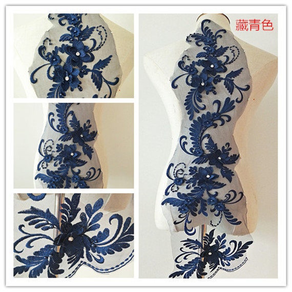 Marineblaue 3D Blumen Spitzen Applikation, Schwere Perlenspitze Spitze Applikation Mit Strass, Braut Marineblaue 3D Blumen Spitzen Applikation, Schwere Perlenspitze Spitze Applikation Mit Strass, Braut von Lacefabricstore