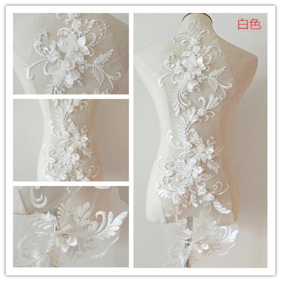 Off White 3D Florals Spitzen Applikation, Schwere Perlenspitze Spitze Applikation Mit Strass, Braut Blumen von Lacefabricstore