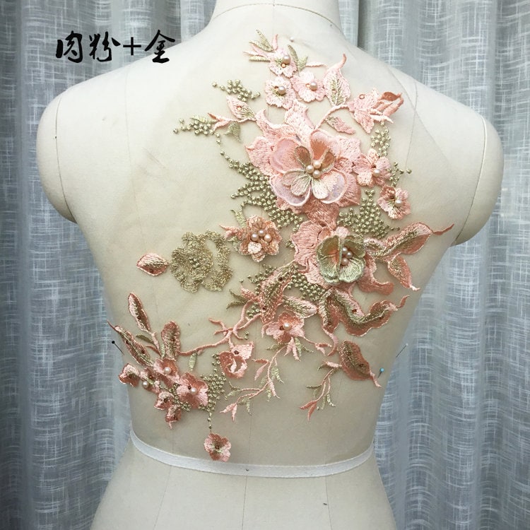 Rosa Und Gold Schwere Perlenspitze Applikation, 3D Spitze Vintage Brautkleid Wechselt Zubehör Mit Strass Rosa Und Gold Schwere Perlenspitze Applikation, 3D Spitze Vintage Brautkleid Wechselt Zubehör Mit Strass von Lacefabricstore