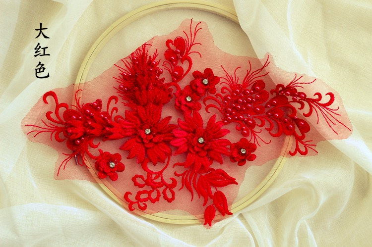 Rote Spitze Applikation, Schwere Perlenspitze 3D Spitzen Applikation Mit Perlen Und Strasssteinen, Blumen Für Haute Couture, 11 Farben von Lacefabricstore