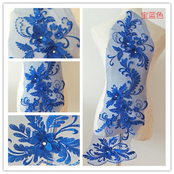 Royalblaue 3D Blumen Applikation, Schwere Perlen Spitzen Applikation Mit Strasssteinen, Braut Spitze Royalblaue 3D Blumen Applikation, Schwere Perlen Spitzen Applikation Mit Strasssteinen, Braut Spitze von Lacefabricstore