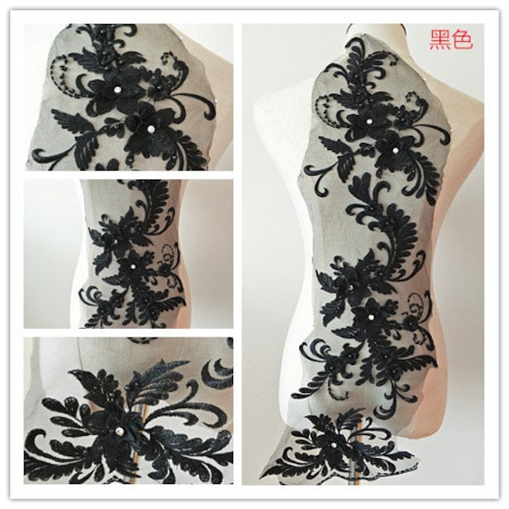 Schwarze 3D Blumen Spitzen Applikation, Schwere Perlenspitze Spitze Applikation Mit Strass, Braut Schwarze 3D Blumen Spitzen Applikation, Schwere Perlenspitze Spitze Applikation Mit Strass, Braut von Lacefabricstore