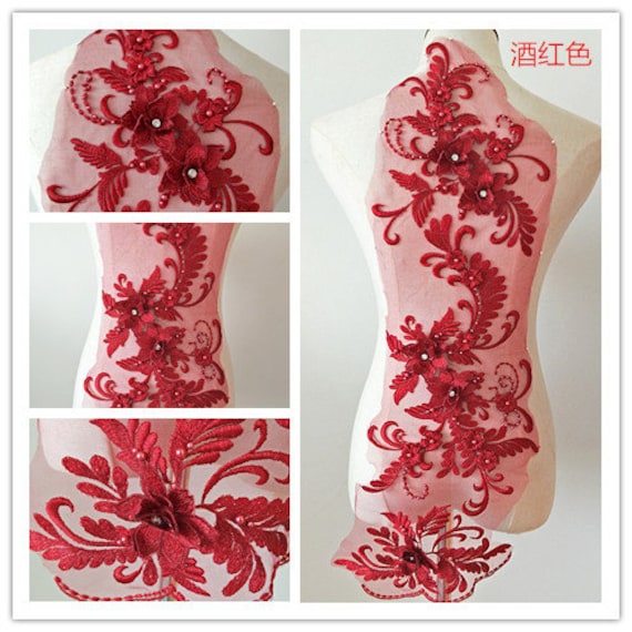 Weinrote 3D Blumen Spitzen Applikation, Schwere Perlenspitze Spitze Applikation Mit Strass, Braut Weinrote 3D Blumen Spitzen Applikation, Schwere Perlenspitze Spitze Applikation Mit Strass, Braut von Lacefabricstore