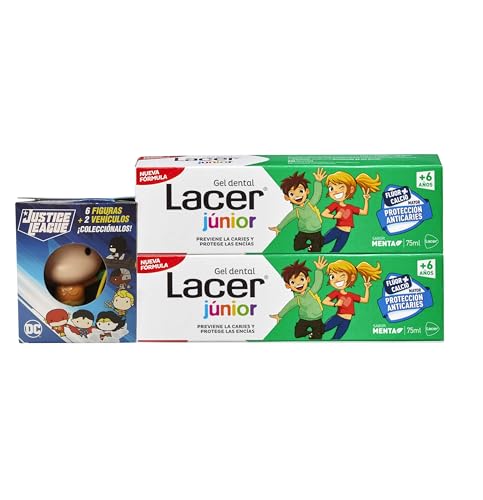 LACER JUNIOR - Packung mit 2 x 75 ml Zahngel mit Minzgeschmack mit einer der Batman-Figuren, für Kinder ab 6 Jahren, Minzgeschmack, verhindert Karies, Formel mit Fluor plus Kalzium, pflegt Milchzähne von Lacer
