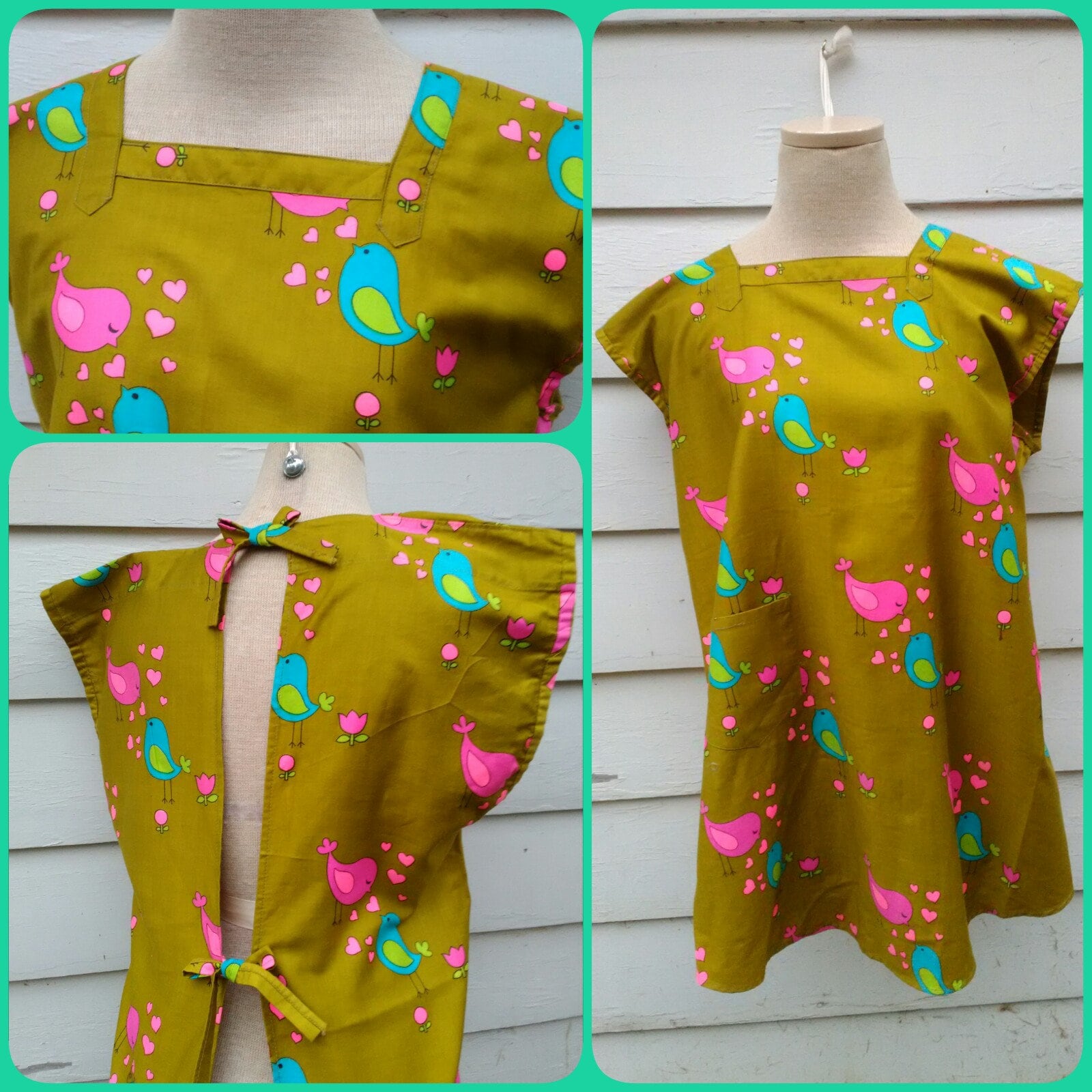 1970 Retro Canning Kittel Schürze - Heiße Rosa, Türkis Und Grün Liebesvögel Herzen Zu Drucken, Mit Taschen Hinteren Krawatten von Lachellybelly