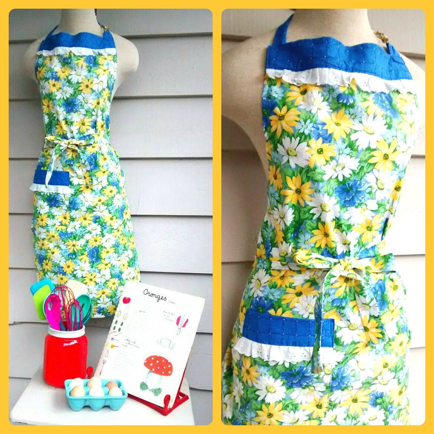 Cottage Floral Schürze - Wildblumen-Druck in Gelb-, Weiß- Und Grüntönen Mit Kontrastierender Blauer Tasche Eigelb- Ösen-Spitzenbesatz Hipster von Lachellybelly