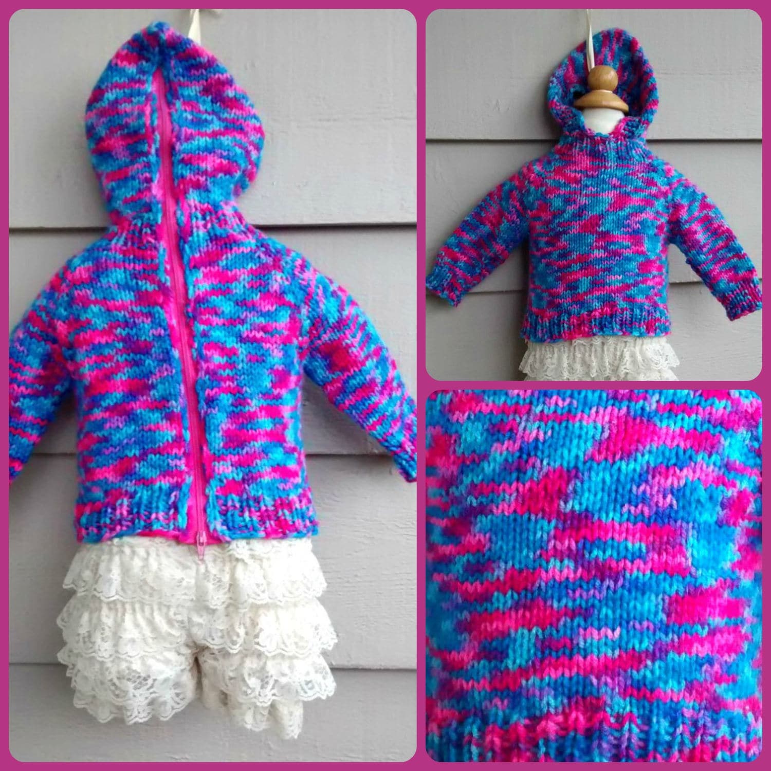 Vintage Baby Pullover - 3Mo Hand Stricken Bunte Hoodie Mit Rücken Reißverschluss Und Gerippte Kragen, Manschetten Saum Hellblau, Lila, Pink von Lachellybelly
