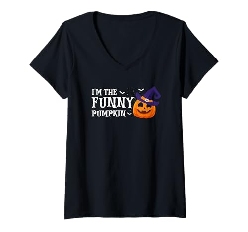 Damen Ich Bin Der Lustige Kürbis Hexenhut Halloween Humor T-Shirt mit V-Ausschnitt von Lachender Kürbis Halloween Spaß Gesicht