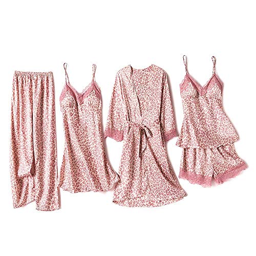 Danfiki Damen Nachthemd Set Satin Schlafanzug 5PC Morgenmantel Kimono Spitze Kurz Bademantel Robe Schlafanzug Pyjama Nachtwäsche Trägerkleid Shorts und Hosen Dessous Lace Mit Blumen von Danfiki