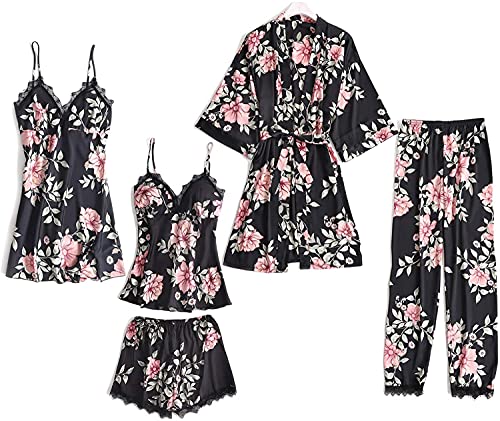 Danfiki Damen Nachthemd Set Satin Schlafanzug 5PC Morgenmantel Kimono Spitze Kurz Bademantel Robe Schlafanzug Pyjama Nachtwäsche Trägerkleid Shorts und Hosen Dessous Lace Mit Blumen von Danfiki