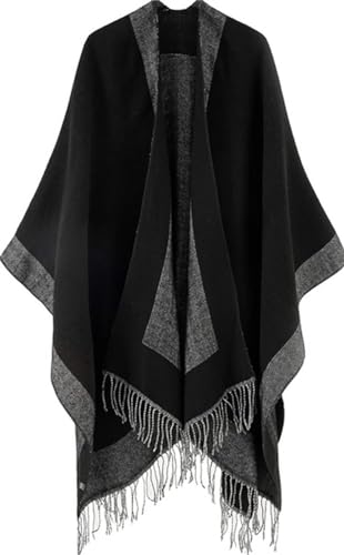 Lachi Damen Poncho Schal Winter Cape Elegant Warm Wolle Schultertuch Mode Schwarz Fransen 130 * 150CM von Lachi