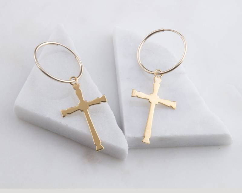 Kreuz Baumeln Endlose Nupol Ohrringe, Geschenk Für Sie, Weihnachtsgeschenk, Gold Creolen, Silber Rose Gefüllt Reifen von LaciAndGold