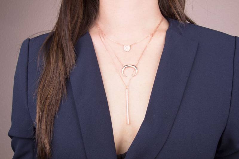 sterling Silber, Gold, Rosegold Doppelhorn Halskette, Halbmond Boho Lange Anhänger Layering Halskette von LaciAndGold