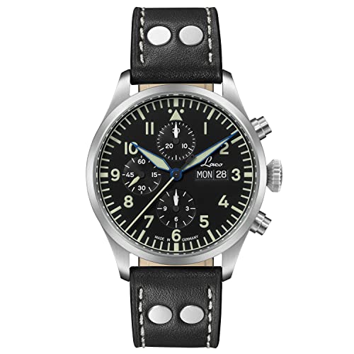 Laco Chronograph Kiel.2 hochwertige Automatikuhr, 43 mm Durchmesser, wasserdicht, Made in Germany (Schwarz Lederband) von Laco