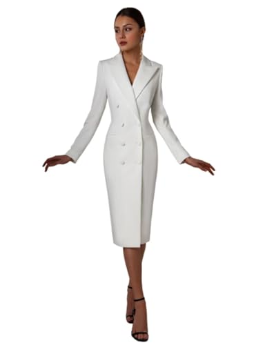 Lacoac Damen Lange Anzugjacke Kleid Formal Business Peak Revers Zweireihig Knöpfe Blazer von Lacoac