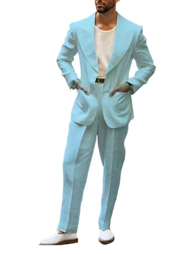 Lacoac Herren 2 Stück Leinen Anzug Peak Revers Jacke Hose für Groomsmen Smoking Sommer Strand Prom von Lacoac