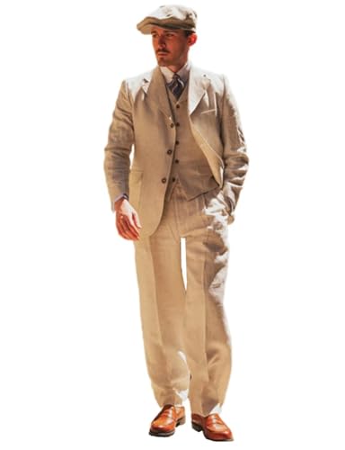 Lacoac Herren Dreiteiliger Leinenanzug Einreihig Knopf Prom Hochzeit Party Jacke Weste Hose von Lacoac