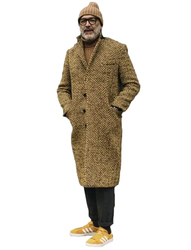 Lacoac Herren Fischgrätenmuster Langer Mantel Einreihig Knopf Tweed Winterjacke für Täglich Lässig von Lacoac