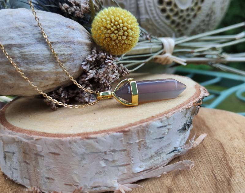 Achat Stift Kette Grau Gold Doppelender Edelsteinkette von LacooniSchmuck