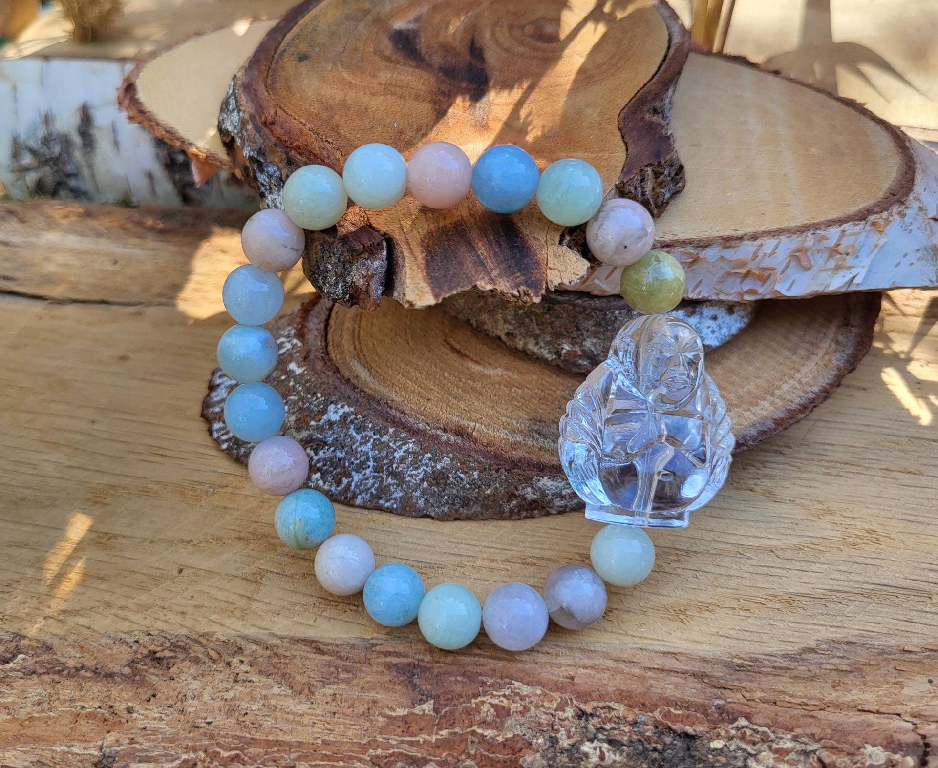 Buddha Armband Morganit Einzelstück 8mm Perlen Edelsteinarmband Buddha Armband Morganit Einzelstück 8mm Perlen Edelsteinarmband von LacooniSchmuck