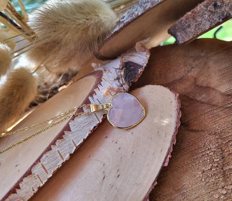 Edelstein Rosenquarz Kette Gold Herz Goldkette Edelstahl Vergoldet von LacooniSchmuck