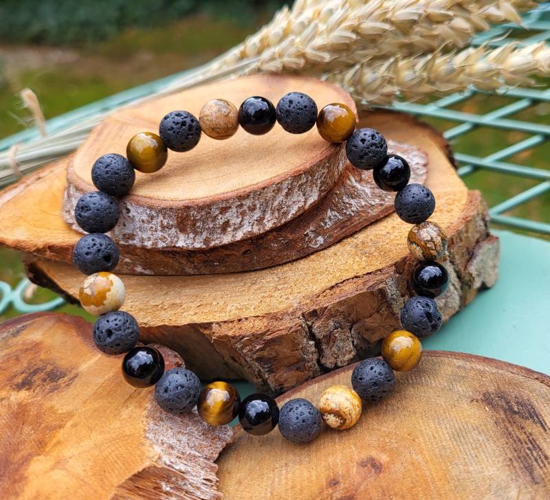 Familie Männer Armband Onyx Tigerauge Jaspis Lava 8mm Perlen Edelsteinarmband von LacooniSchmuck