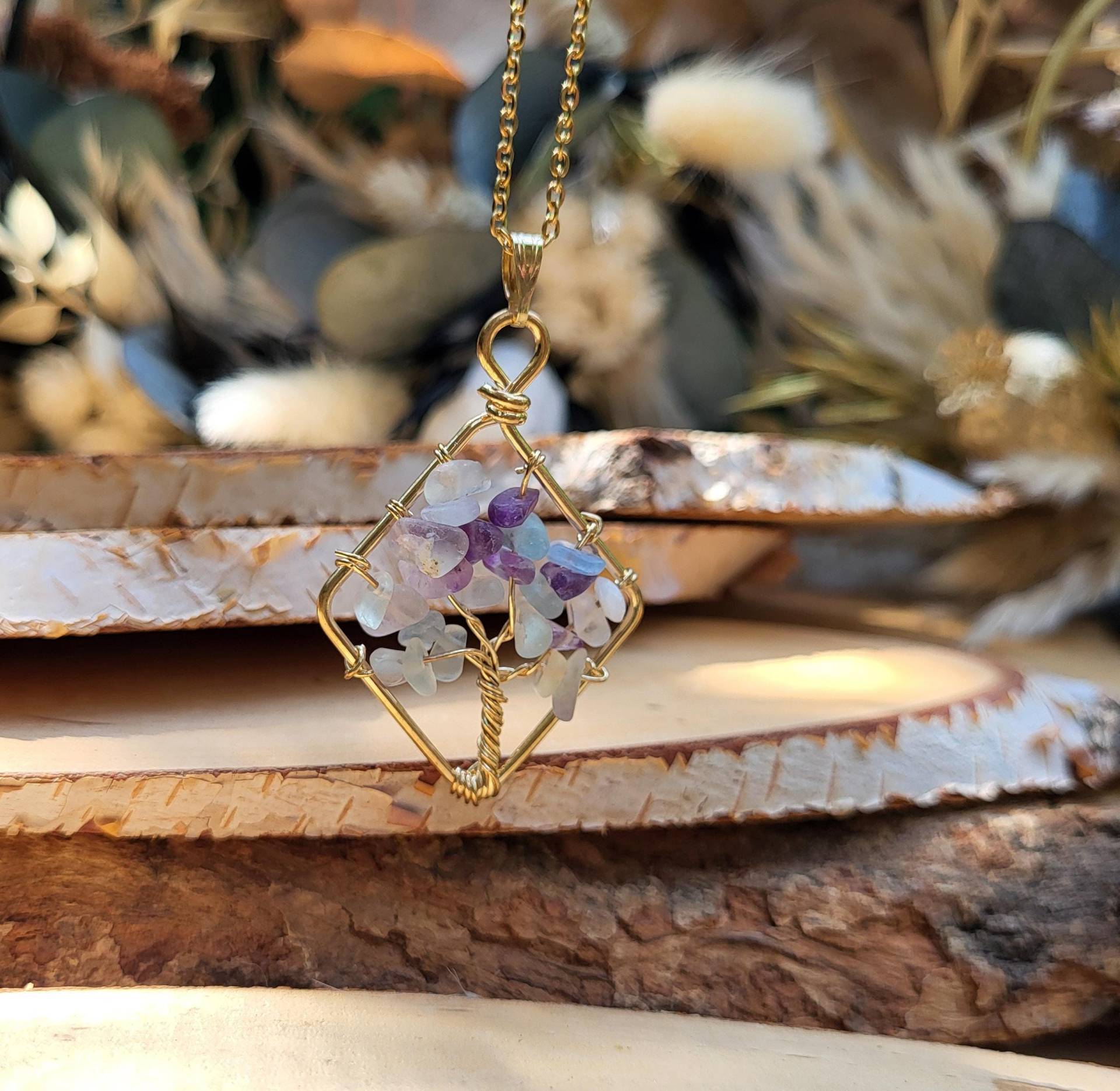 Fluorit Baum Kette Gold Bunt Edelsteinkette Edelstein von LacooniSchmuck