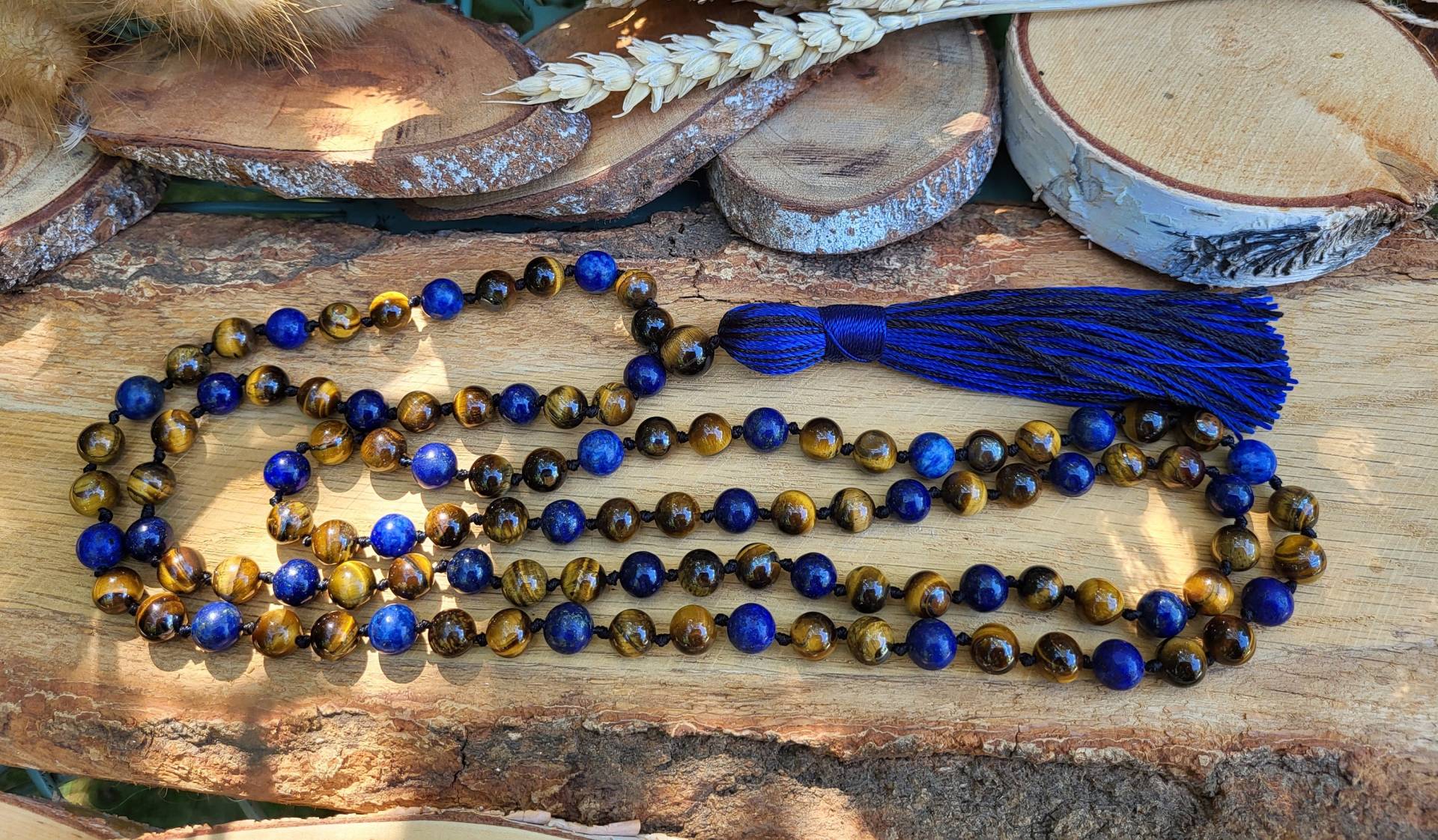 Lapislazuli Tigerauge Mala Kette 108 Perlen Geknotet 8mm Quaste Geknotete Gebetskette von LacooniSchmuck