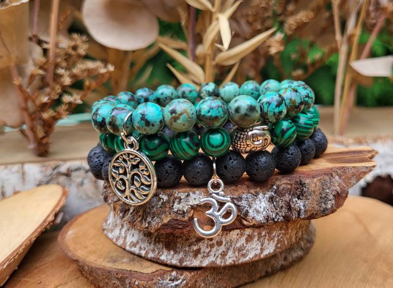 Lebensbaum Om Buddha Armband Set Malachit Türkis Lava Mala 8mm Perlen von LacooniSchmuck