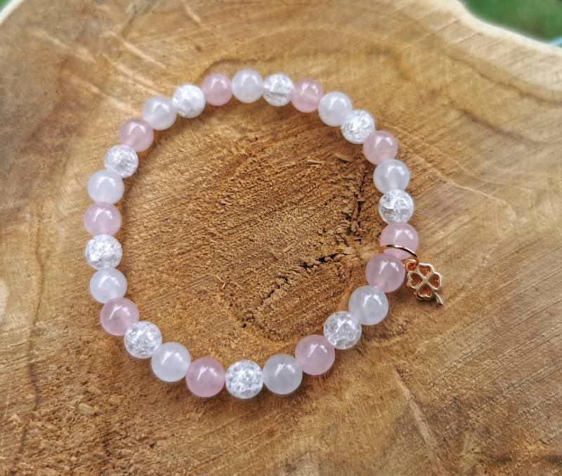 Mama Papa Kind Familie Armband Kleeblatt Rosegold Bergkristall Rosenquarz Mondstein 6mm Perlen Edelsteinarmband von LacooniSchmuck