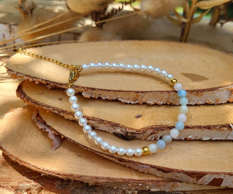 Morganit Armband Süßwasserperlen 4mm Gold Edelsteinarmband von LacooniSchmuck