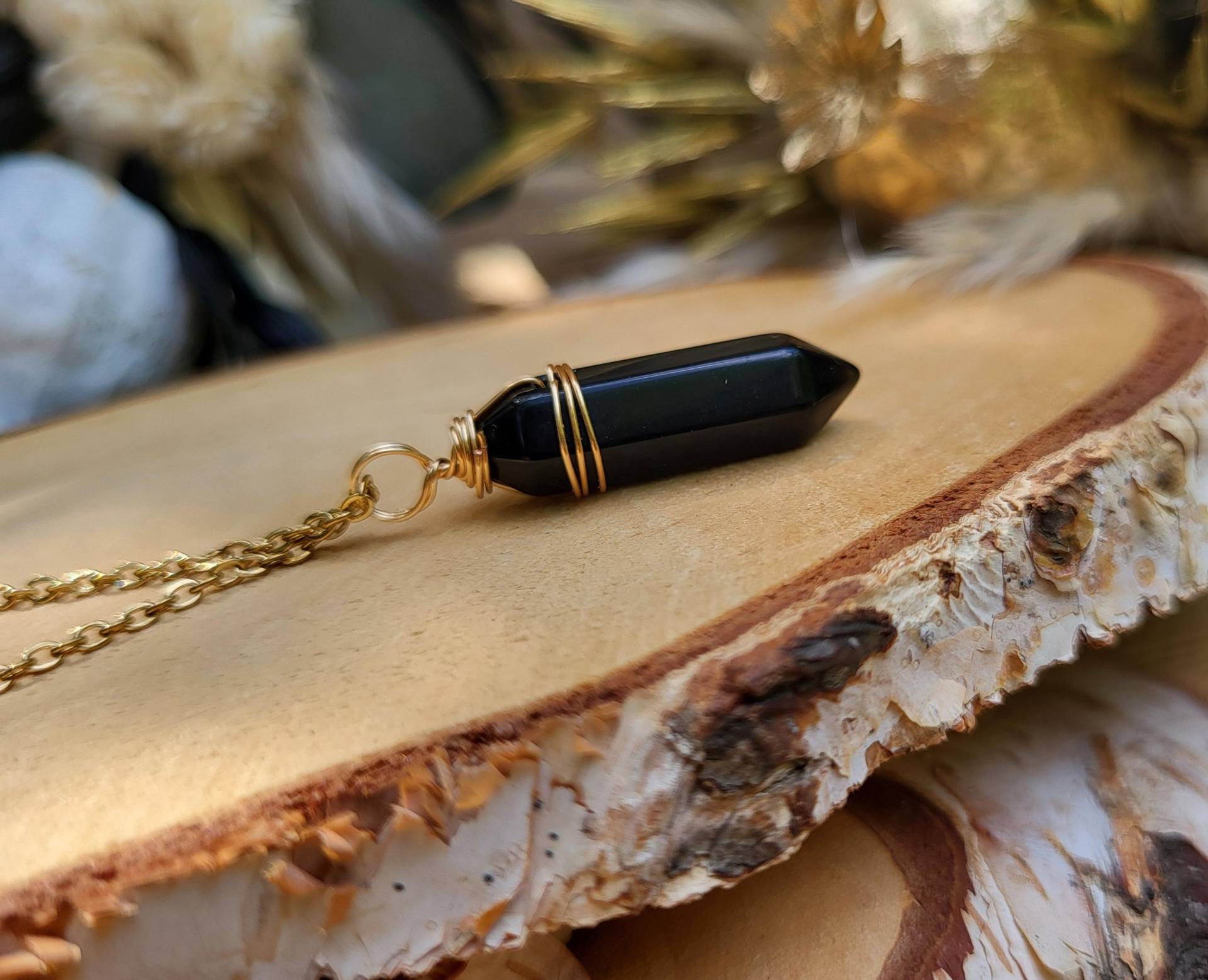 Obsidian Stift Kette Schwarz Gold Doppelender Edelsteinkette Obsidian Stift Kette Schwarz Gold Doppelender Edelsteinkette von LacooniSchmuck