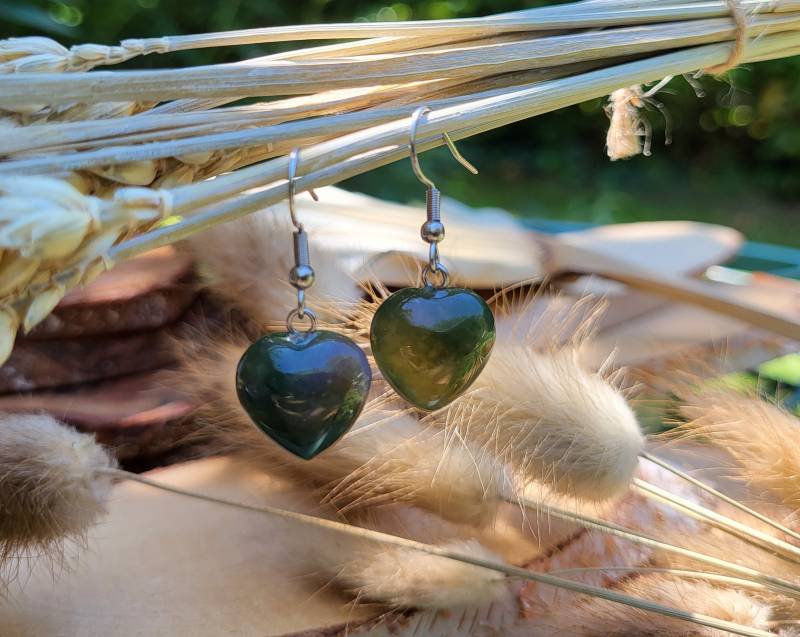 Ohrhänger Herzen Moosachat Silber Edelstein Ohrringe von LacooniSchmuck