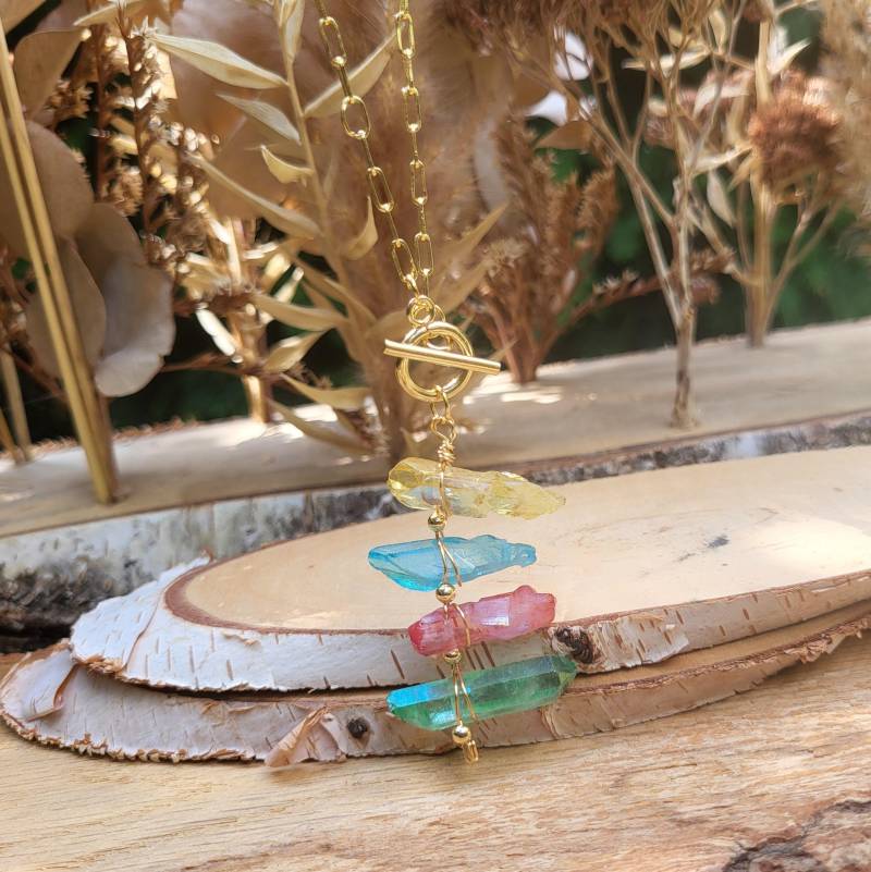 Quarz Kette Bunter Gold Edelsteinkette Rosa Grün Blau Gelb von LacooniSchmuck
