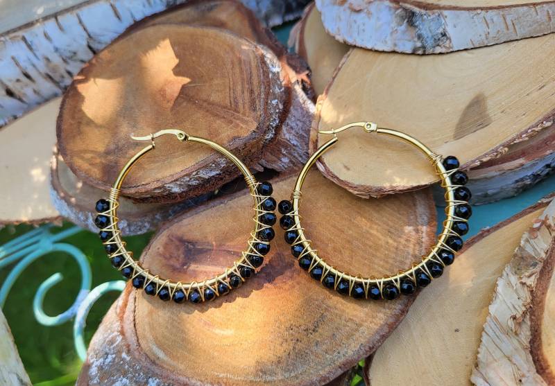 Turmalin Ohrringe Schwarz Gold Edelstein Creolen von LacooniSchmuck