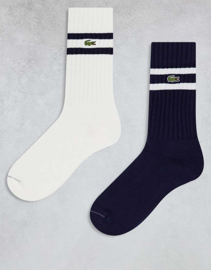 Lacoste - 2er-Pack Knöchelsocken in Weiß/Marineblau mit Zierstreifen von Lacoste