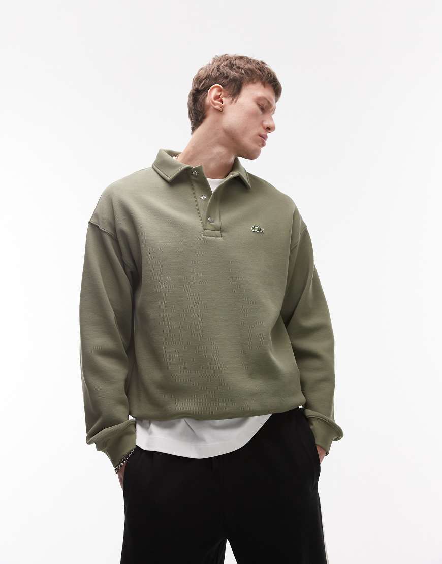 Lacoste - Oversize-Sweatshirt in Khaki mit geknöpftem Polo-Ausschnitt-Grün von Lacoste