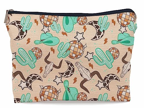 Lacosu Retro Western Country Türkis Cowboy Cowgirl Make-up-Tasche Stier Schädel Kaktus Discokugel Make-up-Taschen Kosmetiktasche Reißverschlusstasche Kulturbeutel, Geschenke für Teenager Mädchen von Lacosu