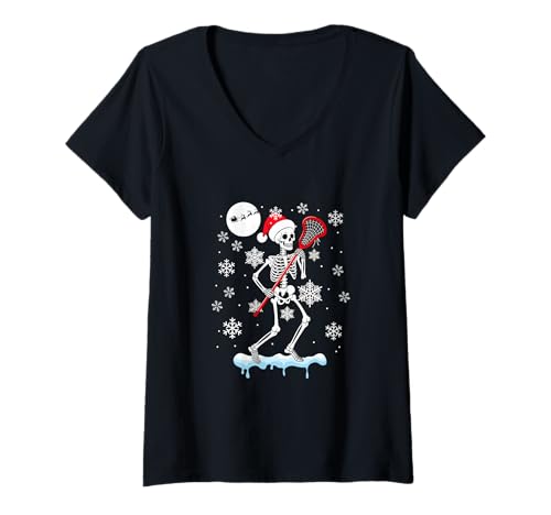 Damen Santa Skeleton Playing Lacrosse Christmas Matching Player T-Shirt mit V-Ausschnitt von Lacrosse Christmas Costume