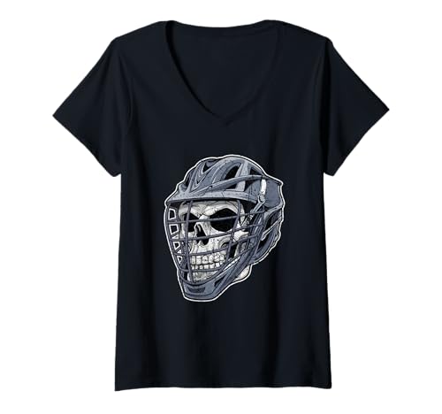 Damen Lacrosse Skull Helm Distressed Graphic Sports T-Shirt mit V-Ausschnitt Damen Lacrosse Skull Helm Distressed Graphic Sports T-Shirt mit V-Ausschnitt von Lacrosse Gifts For Lacrosse Players