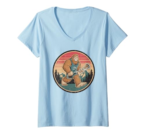 Damen Sasquatch Bigfoot Lacrosse Player, Retro-Sonnenuntergang, lustiger Sport T-Shirt mit V-Ausschnitt Damen Sasquatch Bigfoot Lacrosse Player, Retro-Sonnenuntergang, lustiger Sport T-Shirt mit V-Ausschnitt von Lacrosse Gifts For Lacrosse Players