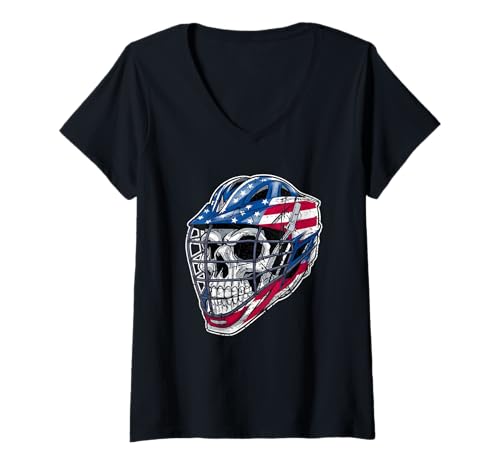 Damen USA Amerikanische Flagge Lacrosse Skull Helm Distressed Sports T-Shirt mit V-Ausschnitt Damen USA Amerikanische Flagge Lacrosse Skull Helm Distressed Sports T-Shirt mit V-Ausschnitt von Lacrosse Gifts For Lacrosse Players