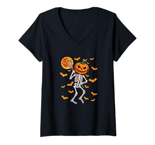 Damen Horror Skeleton Playing Lacrosse Halloween Matching Player T-Shirt mit V-Ausschnitt Damen Horror Skeleton Playing Lacrosse Halloween Matching Player T-Shirt mit V-Ausschnitt von Lacrosse Halloween Costume