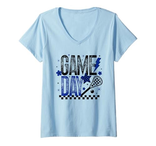 Damen Lacrosse Game Day Retro Jungen Lacrosse Team Blau & Schwarz Geschenk T-Shirt mit V-Ausschnitt Damen Lacrosse Game Day Retro Jungen Lacrosse Team Blau & Schwarz Geschenk T-Shirt mit V-Ausschnitt von Lacrosse T-Shirt Co.