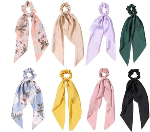 (8 Stück) Chiffon elastischer Haargürtel, Punkte, Floral Muster Schleife Haarschmuck, geeignet für Mädchen und Frauen Pferdeschwänze und andere Haarfixierer (2 floral+6 SOLID) von LadayPoa